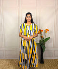 Yellow, grey and navy striped zipless feeding maternity wear front view