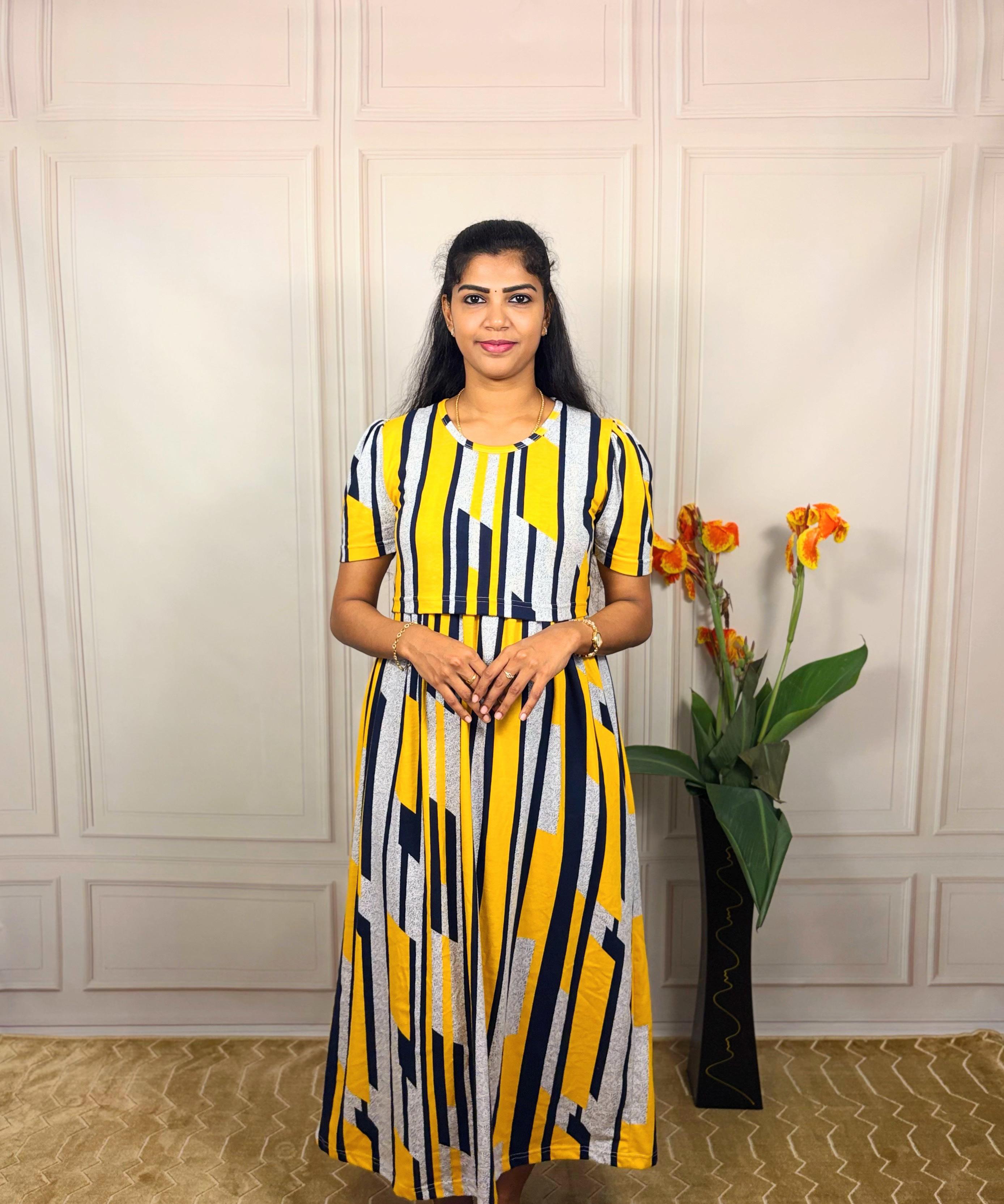Yellow, grey and navy striped zipless feeding maternity wear front view