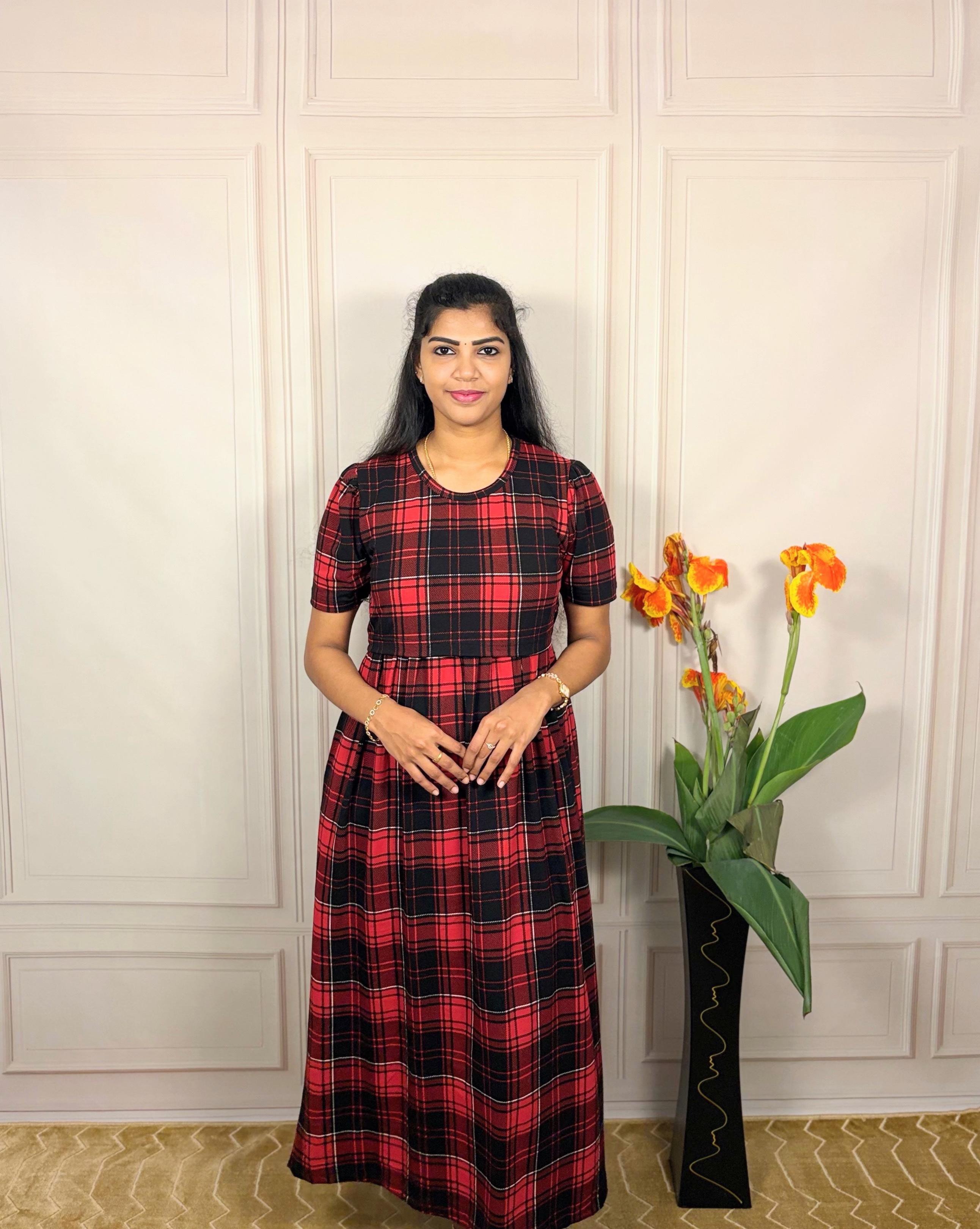 Red and black plaid zipless feeding maternity wear front view