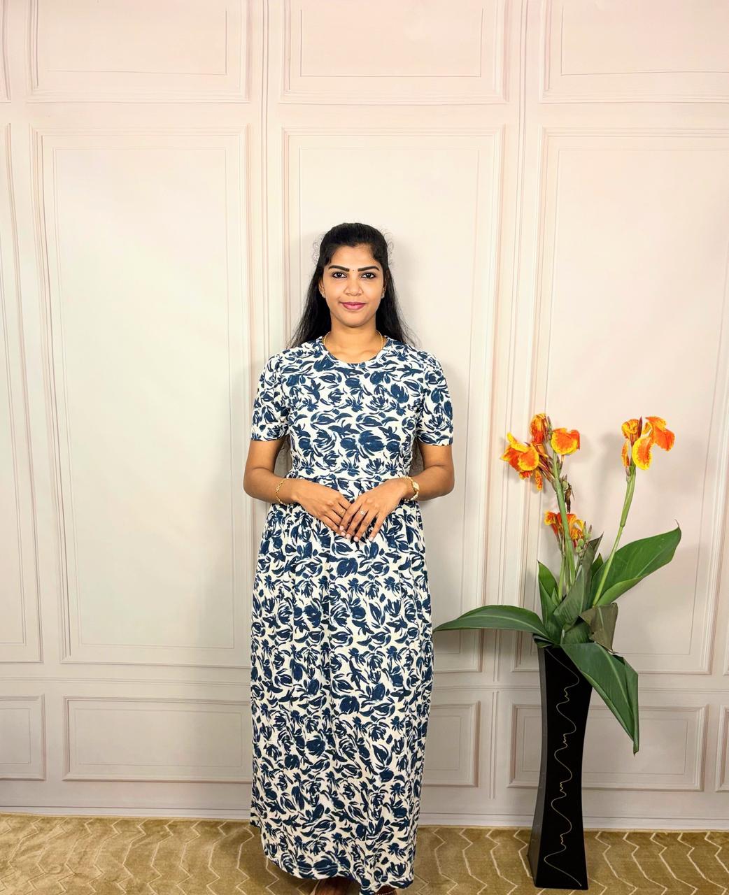 Blue floral zipless feeding maternity wear front view