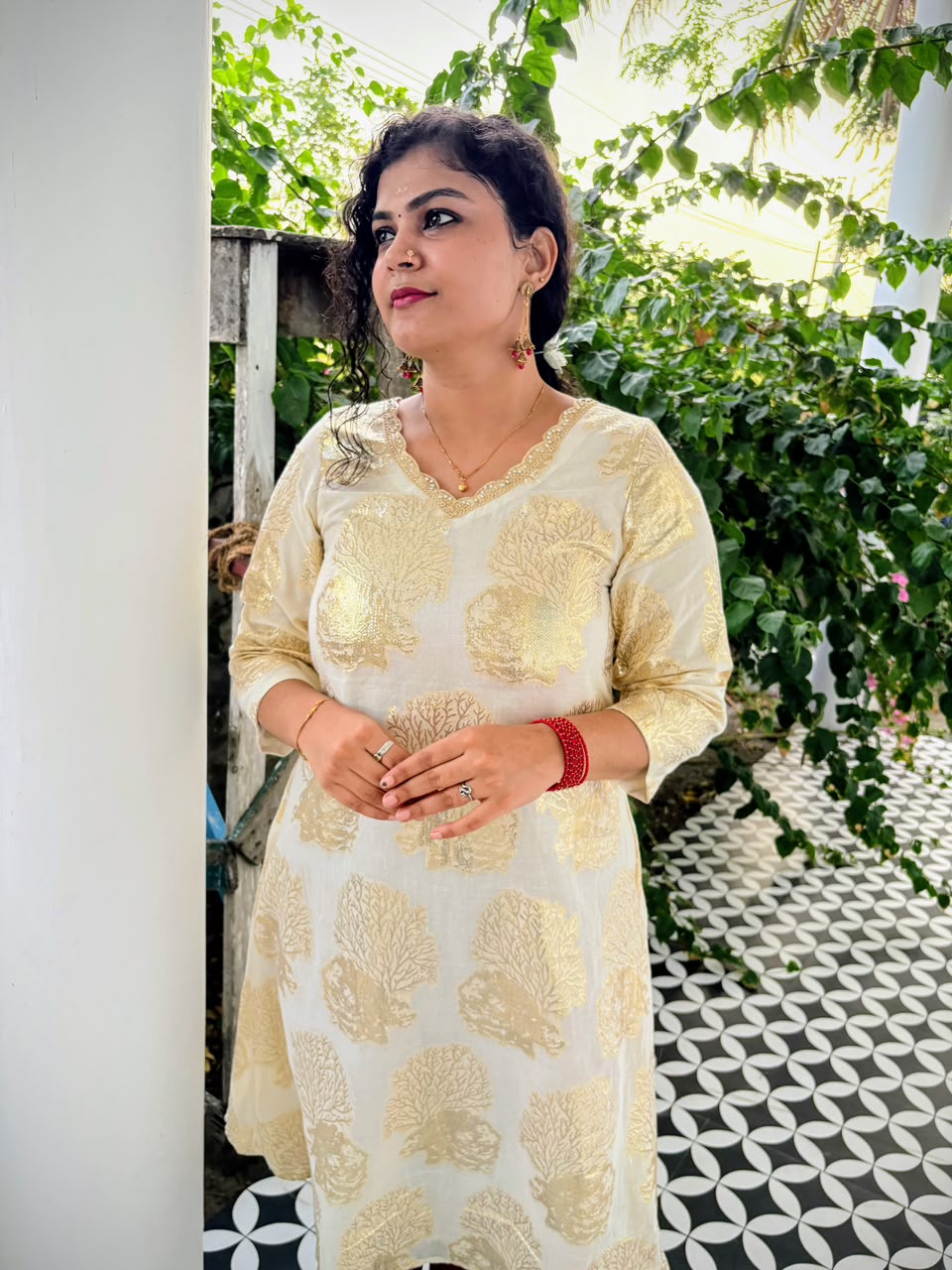 Ivory Gold Onam A-Line Dress