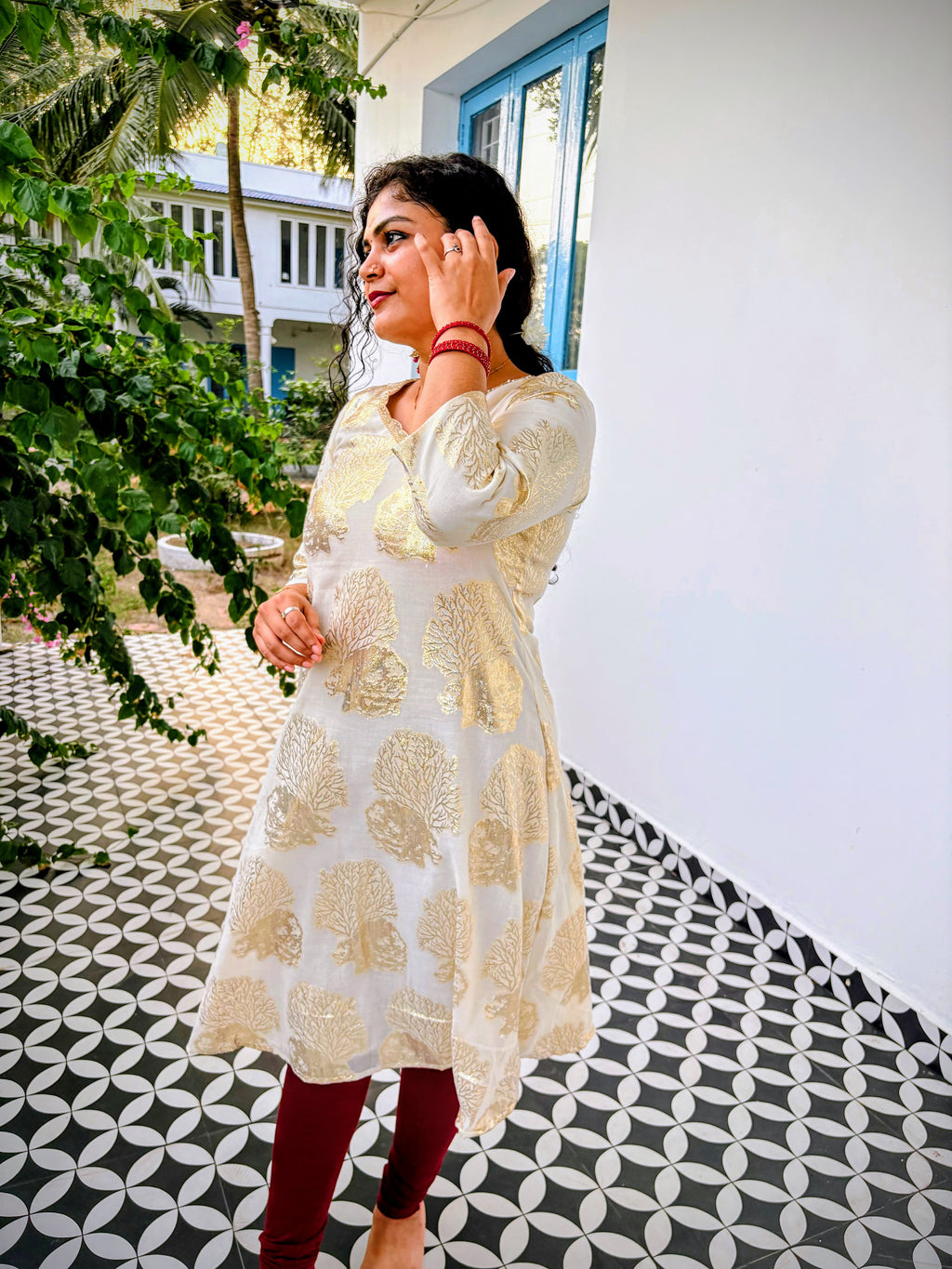 Ivory Gold Onam A-Line Dress
