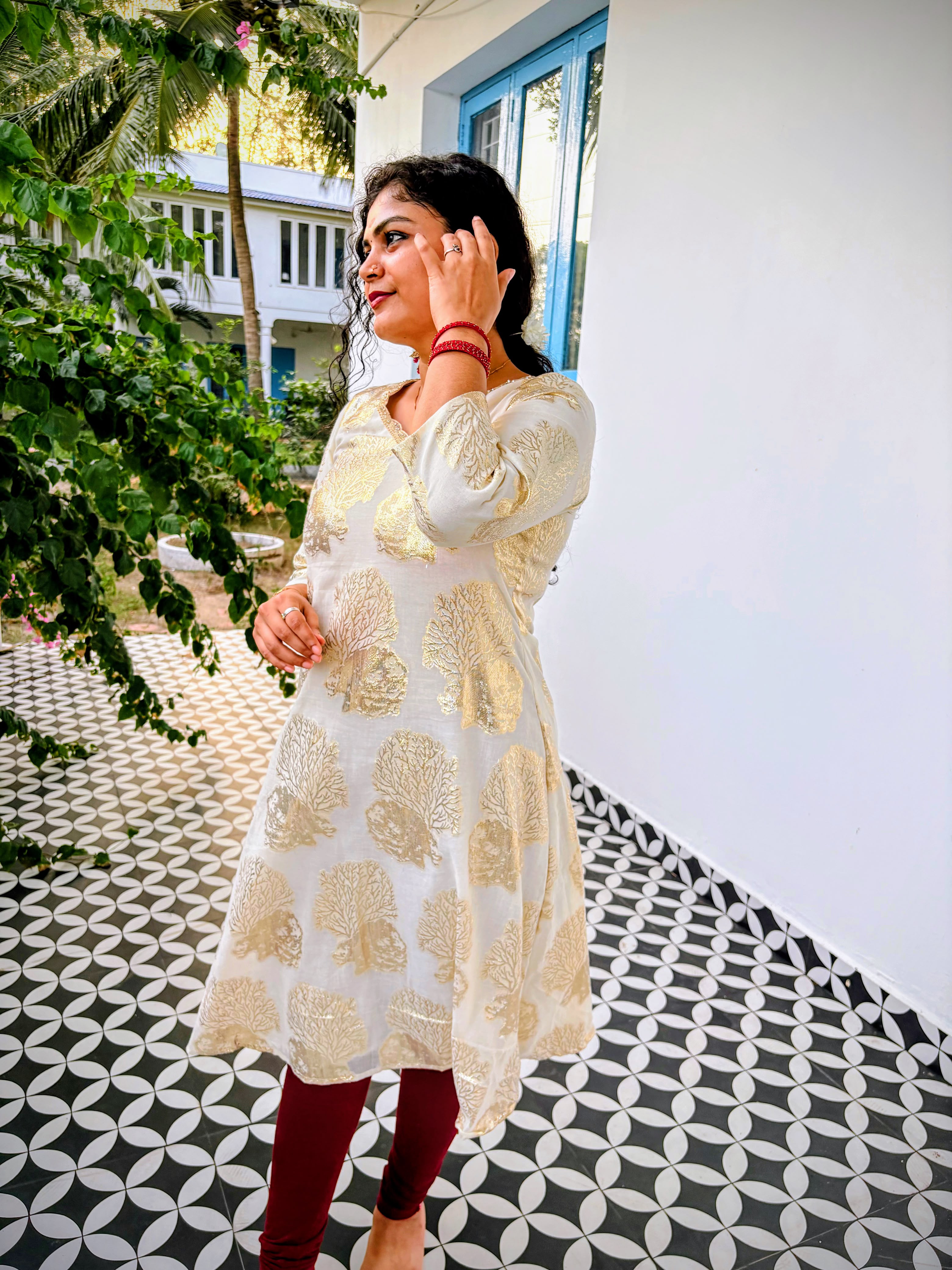 Ivory Gold Onam A-Line Dress