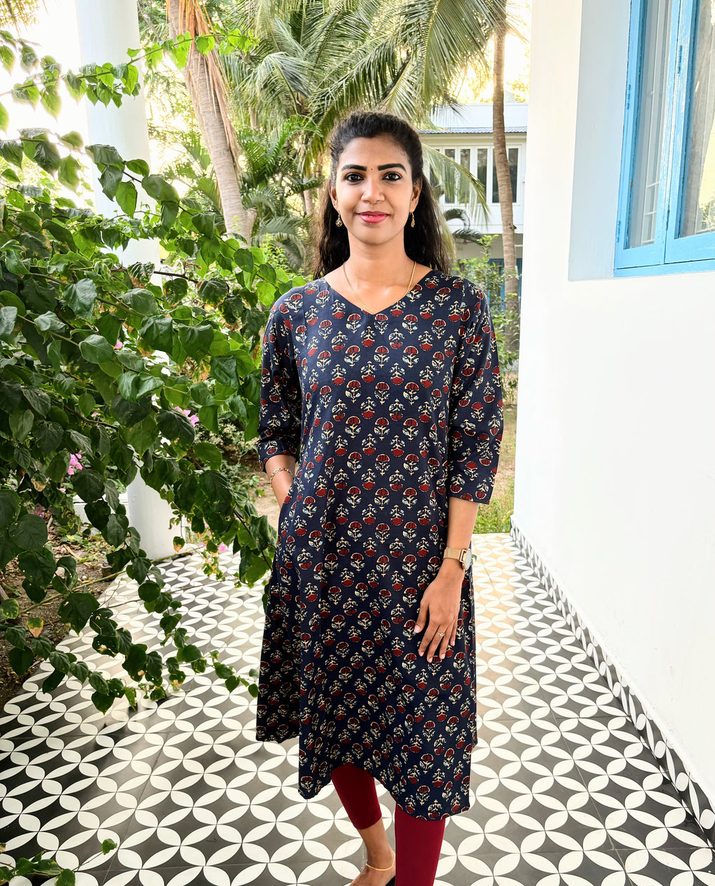 Navy Blue Printed A-Line Kurta with Two Side Pockets
