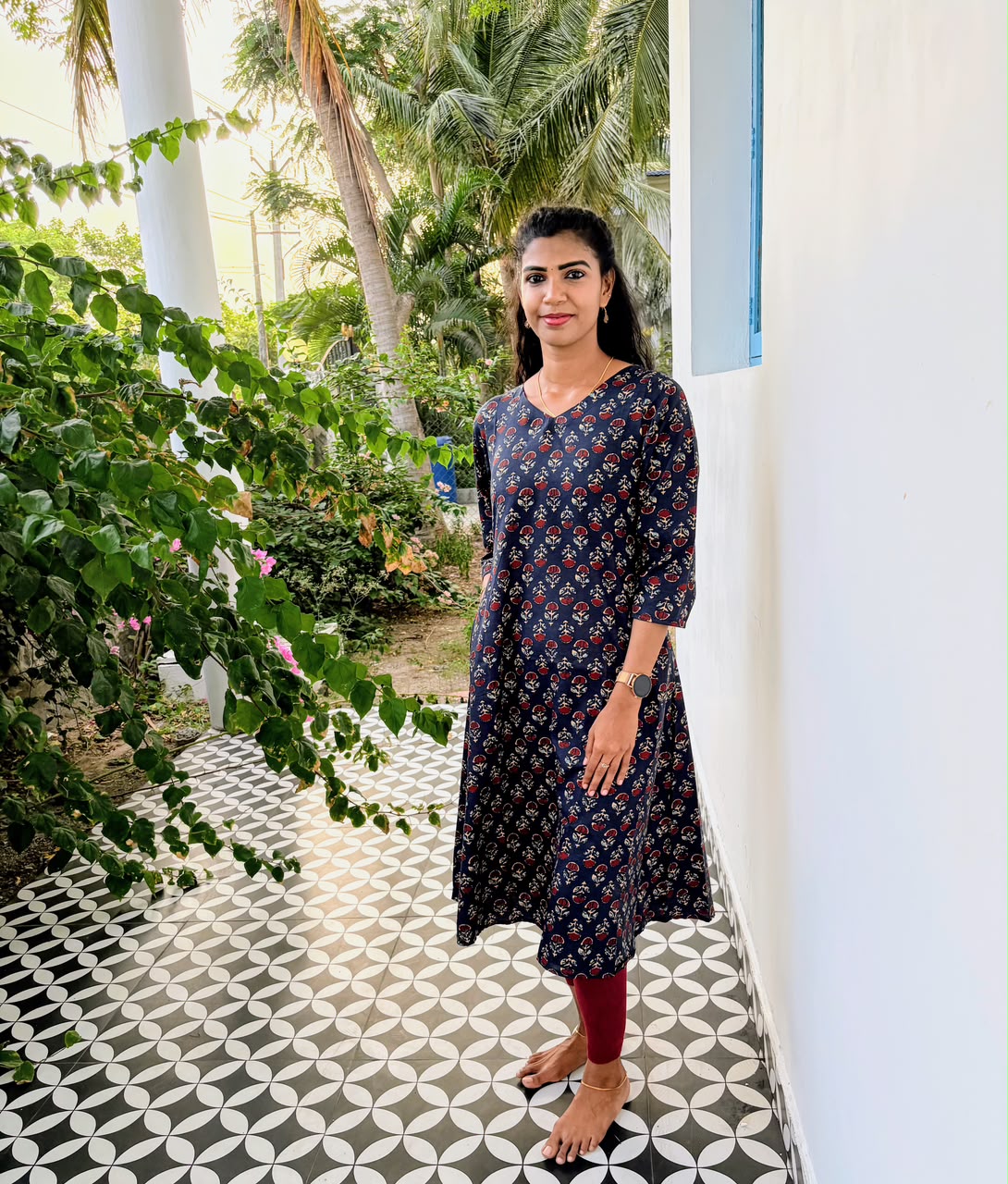 Navy Blue Printed A-Line Kurta with Two Side Pockets