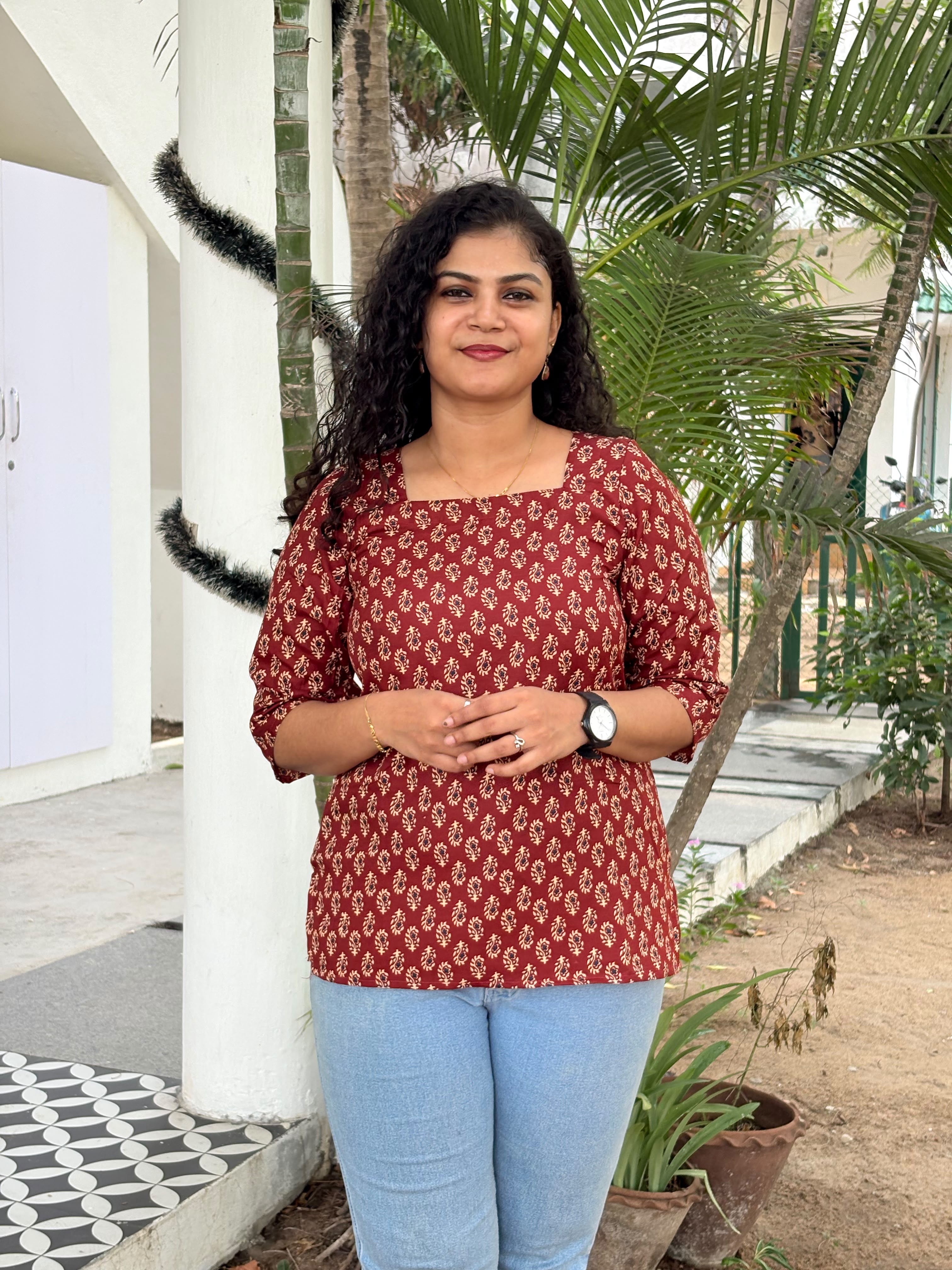 Maroon Cotton Printed Adjustable Back Knot Short Tunic